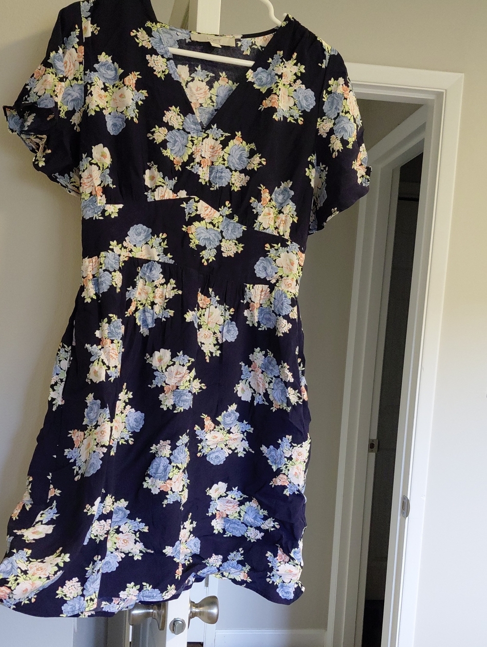 LOFT Navy Blue Floral V-neck Midi Dress with Pockets